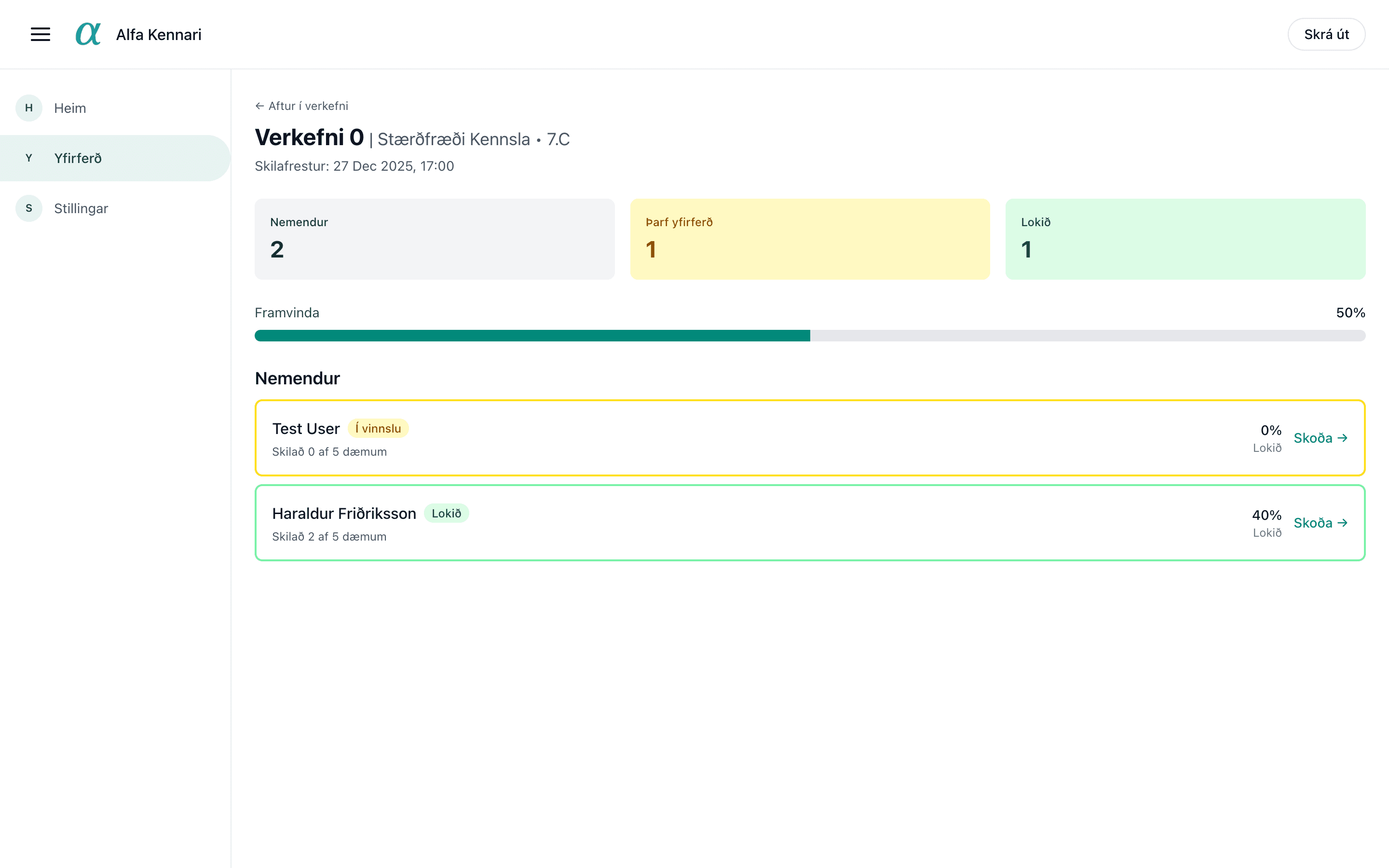 Kennaravettvangur — Verkefni